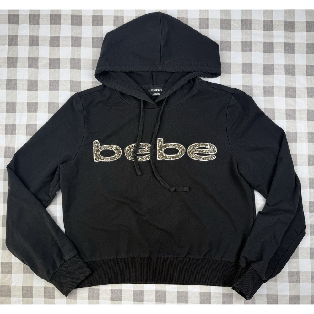 bebe Rhinestone Logo Hoodie Y2K Glam Cropped Black Sparkle L